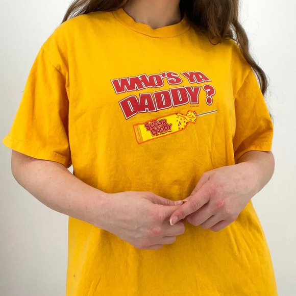 retro y2k "who's your daddy" sugar daddy crewneck graphic tee t-shirt yellow M - Picture 6 of 7